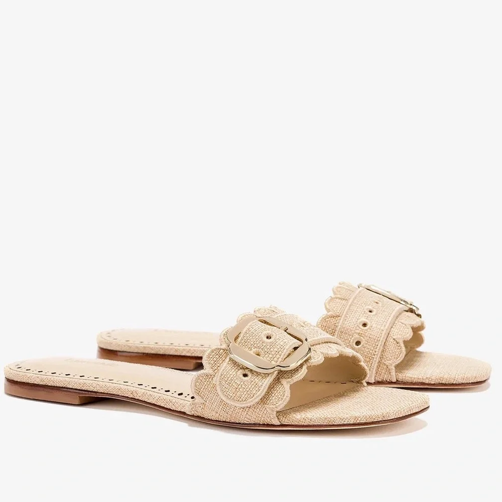 Larroudé Ivy Broderie Flat Sandal In Beige Raffia Size 6 New - Picture 2 of 11